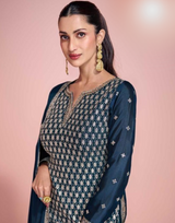 Teal Elegance Embroidered Chinon Silk Top with Front & Back Sharara and Dupatta