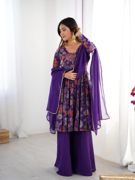 Purple Elegant Roman Silk Chanderi Kediya Kurta Set with Dupatta & Palazzo