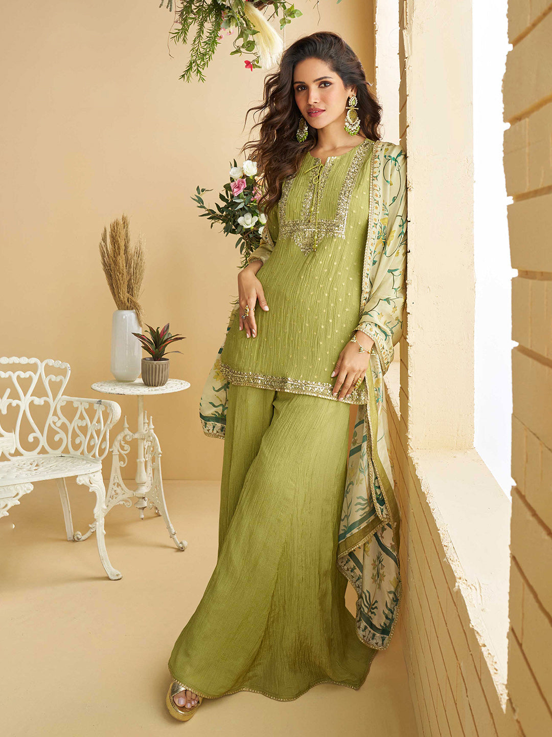 Embroidered Chinnon Kurta With Plazzo & Dupatta