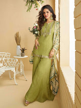 Embroidered Chinnon Kurta With Plazzo & Dupatta