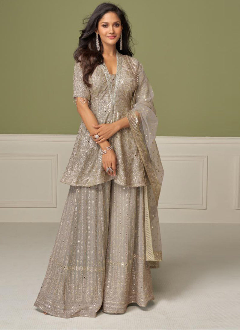 Grey Georgette Embroidered Palazzo Suit