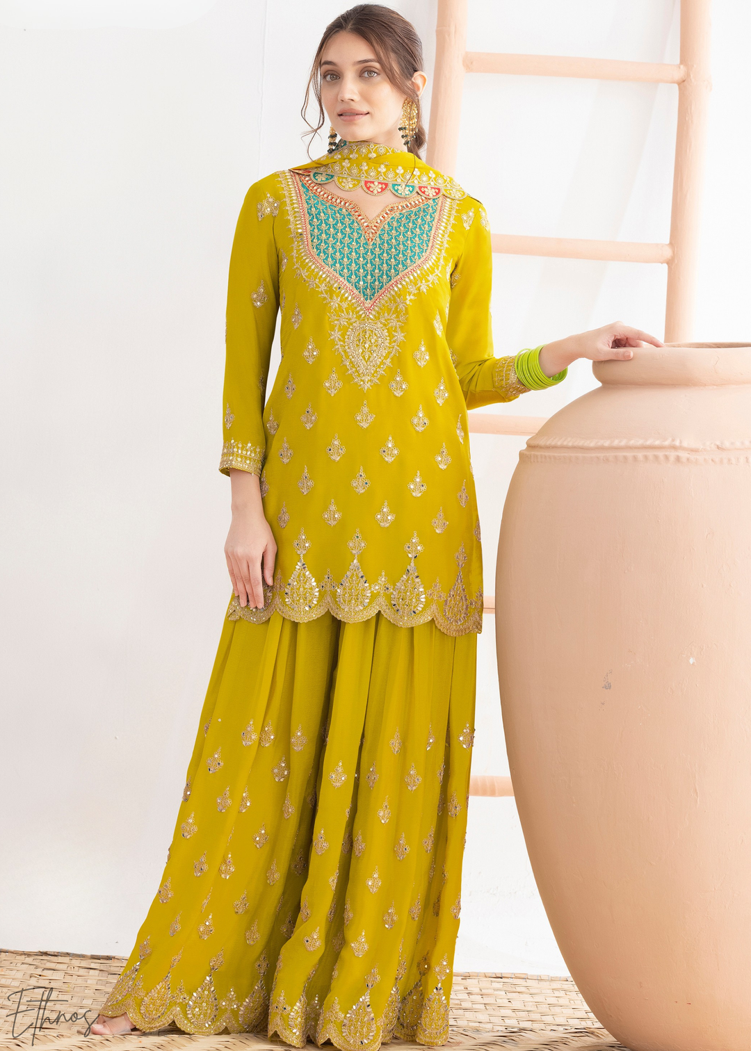 Lime Green Resham Embroidered Chinon Palazzo Suit