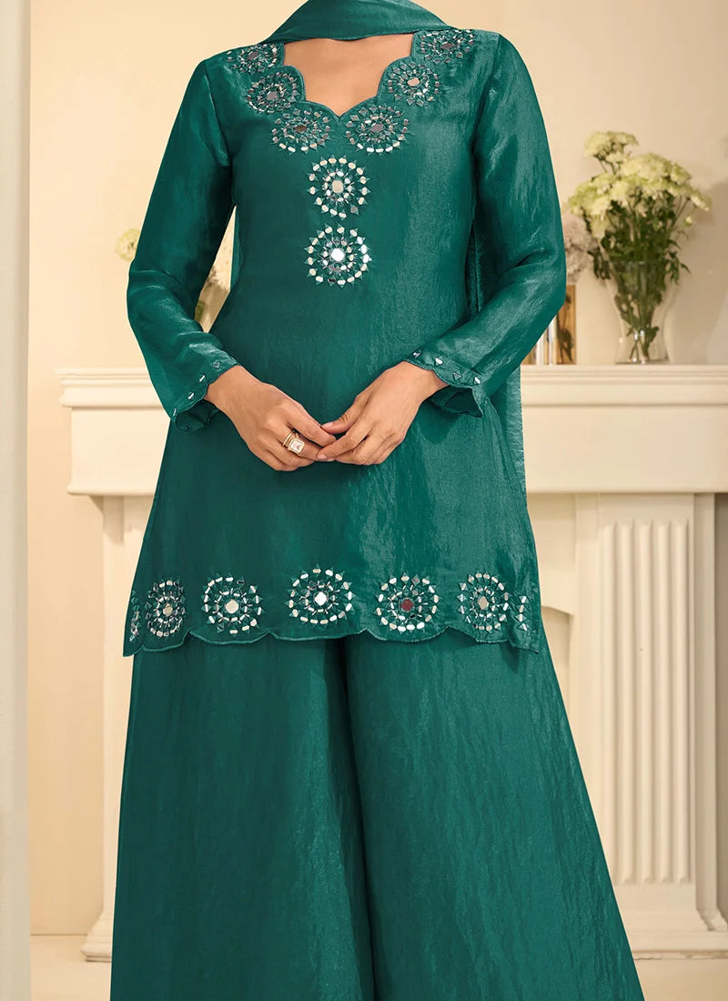 Teal Green Tora Silk Embroidered Mirror Work Thread Palazzo Suit Festive Wear