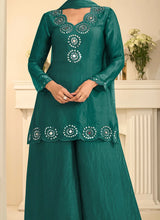 Teal Green Tora Silk Embroidered Mirror Work Thread Palazzo Suit Festive Wear