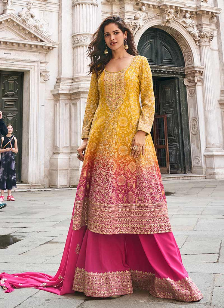 Yellow Pink Ombre Embroidery Anarkali Sharara Suit