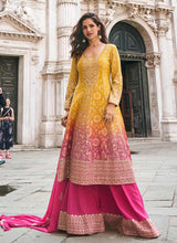 Yellow Pink Ombre Embroidery Anarkali Sharara Suit