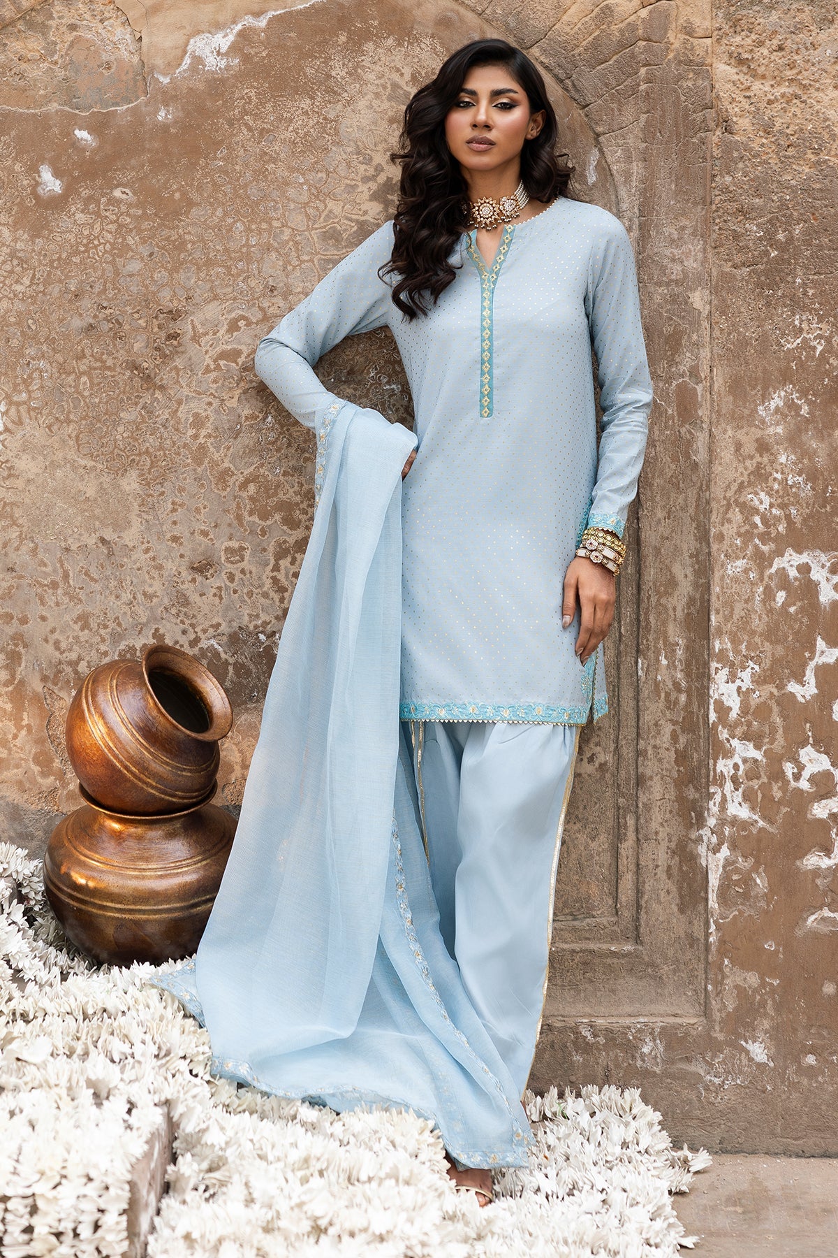 3-PC Embroidered Raw-Silk Suit By Charizma