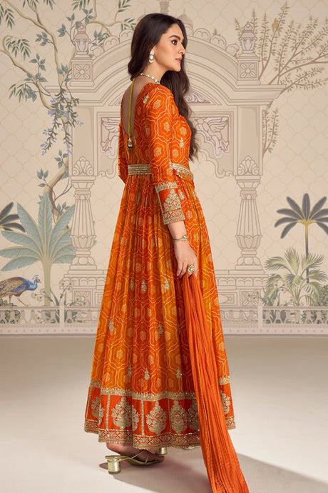 Orange Embroidered Chinon Silk Suit