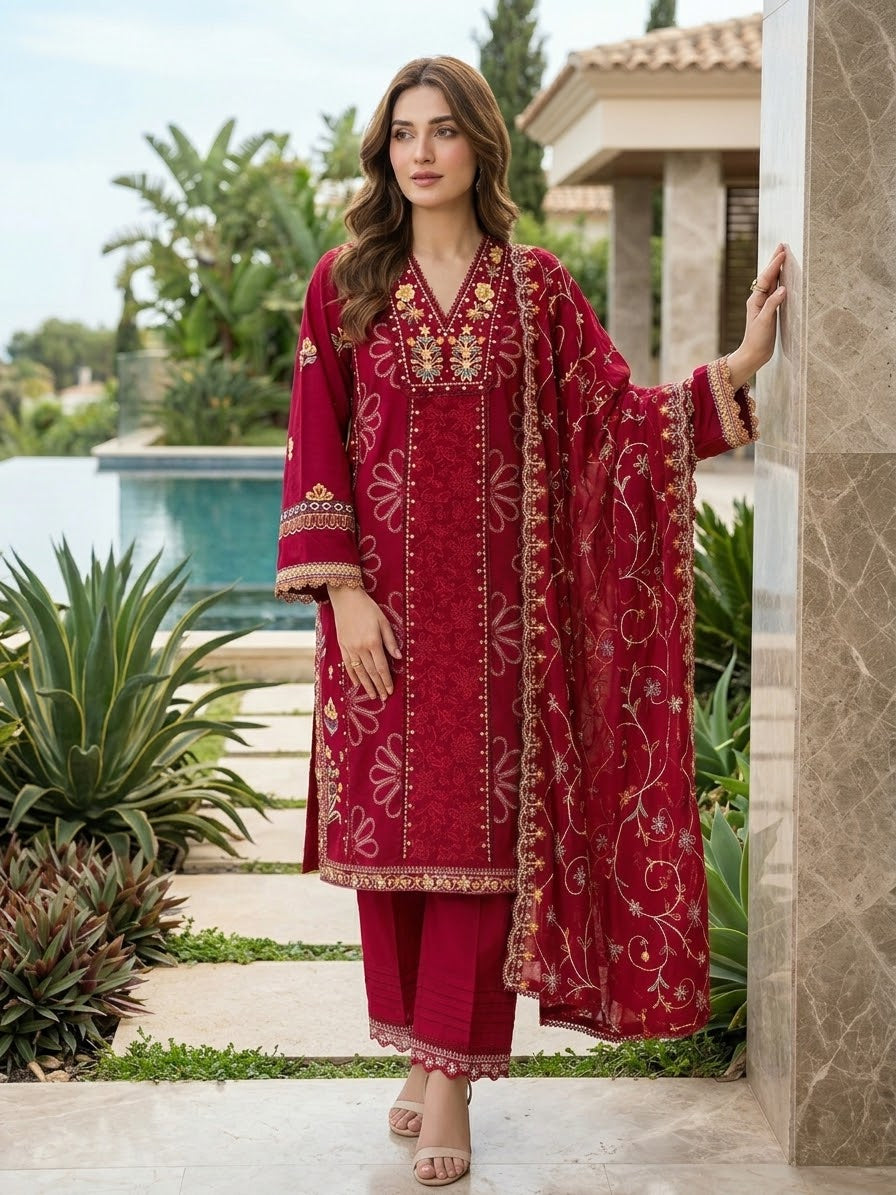 Bin Saeed Luxury Embroidered Lawn With Chiffon Embroiderd Dupatta