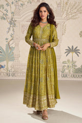 Green Embroidered Chinon Silk Suit