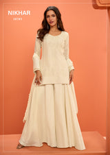 Nikhar 10783 Off White Premium Chinon Silk Sharara Suit - Front