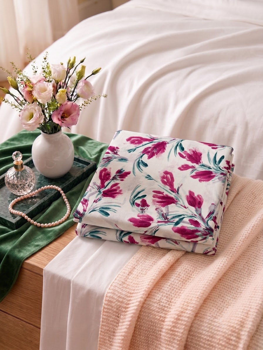 Pakistani King Size Bedsheet with Pillow Cover - White Magenta Pink Floral