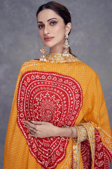 Yellow Chinon Suit With Bandhej Print