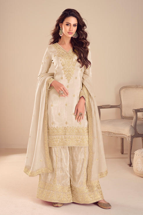 Off White Embroidered Simar Silk Suit
