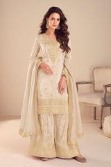 Off White Embroidered Simar Silk Suit