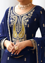 Navy Blue Chinon Palazzo Suit