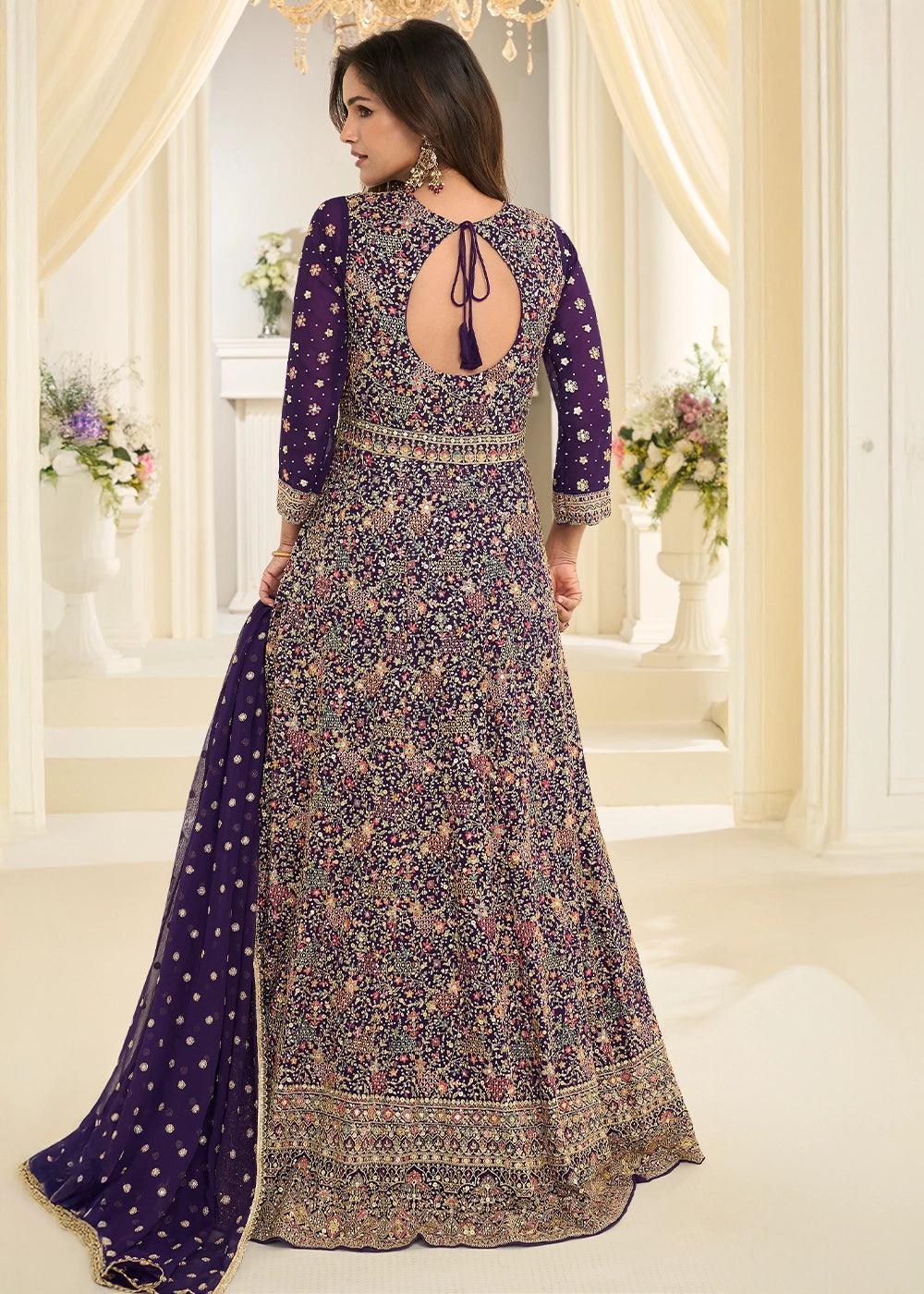 PURPLE GEORGETTE ANARKALI GOWN WITH ALL-OVER ZARKAN EMBROIDERY