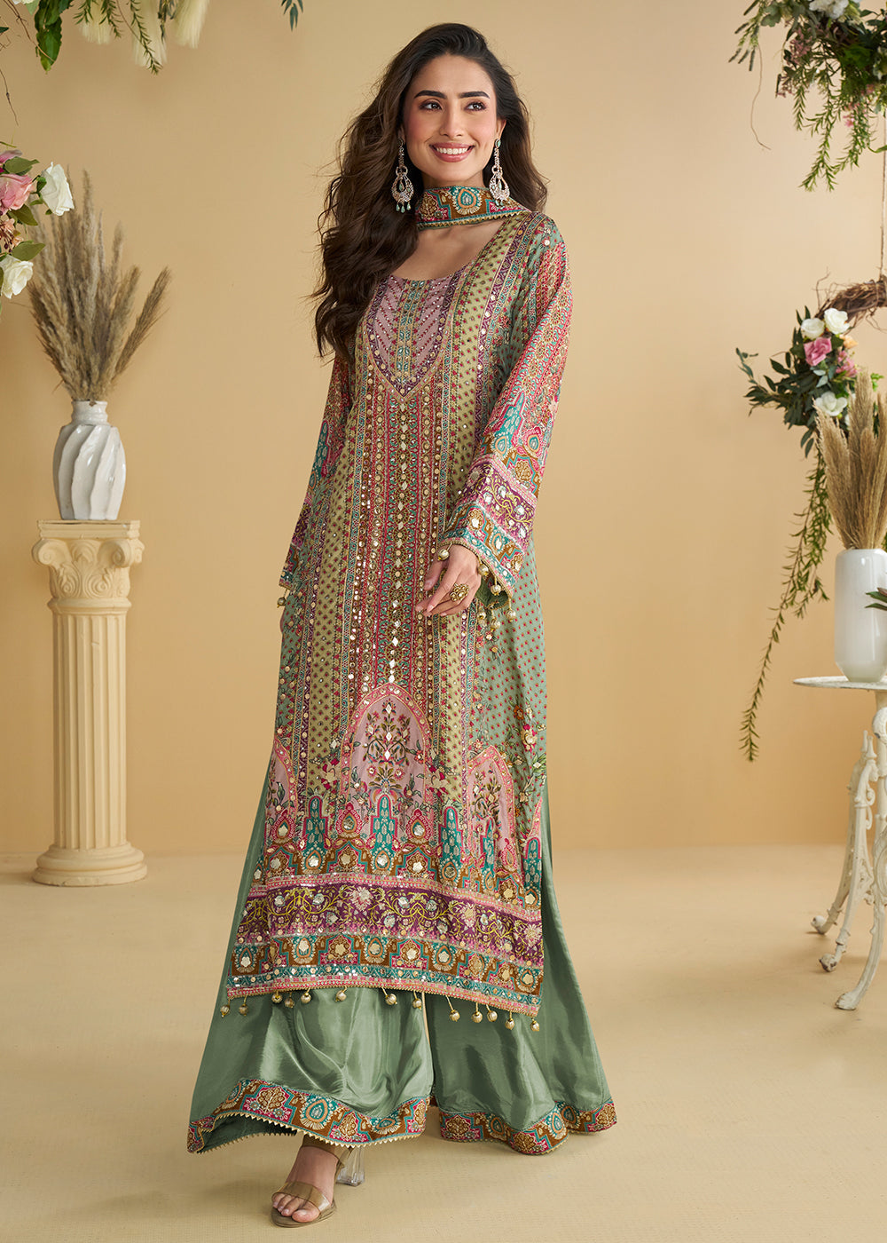 Multi Green Trendy Crepe Printed Palazzo Style Suit