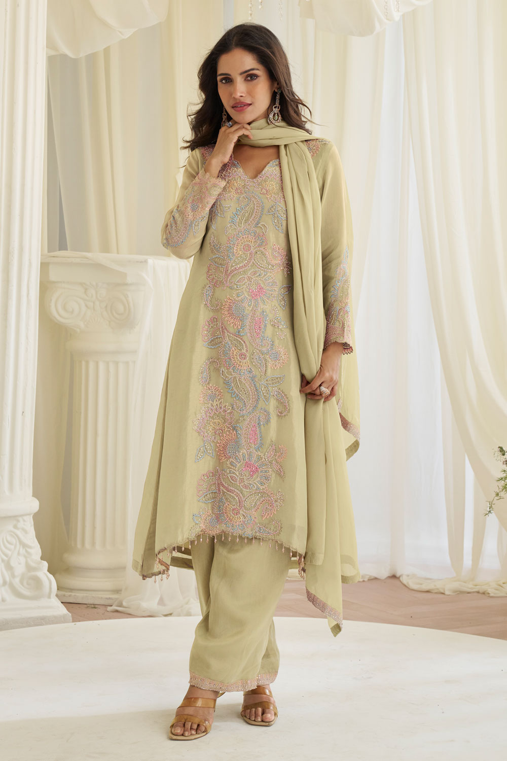 Pastel Green Silk Hand Embroidered Kurta Suit