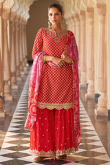 Red Chinon Silk Embroidered & Printed Sharara Kurta Set