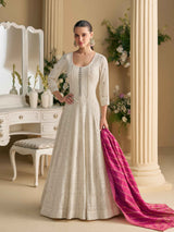 Ivory White Real Georgette Chikankari Anarkali Suit with Dupatta