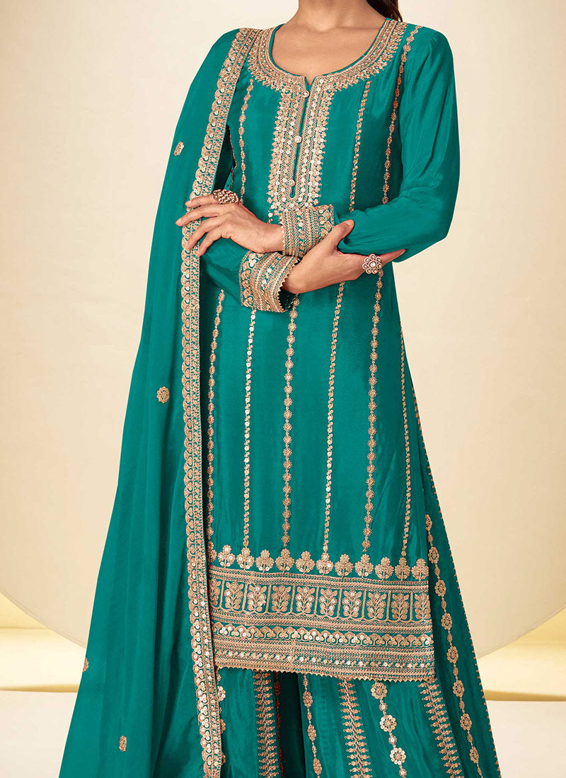 Teal Blue Chinon Embroidered Sequins Palazzo Suit Festive Wear