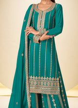 Teal Blue Chinon Embroidered Sequins Palazzo Suit Festive Wear
