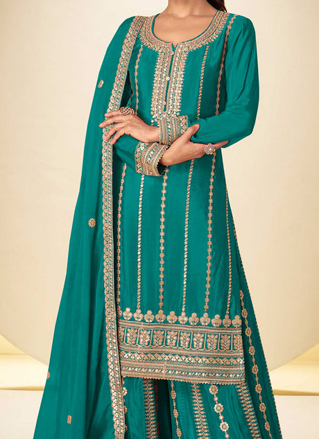 Teal Blue Chinon Embroidered Sequins Palazzo Suit Festive Wear