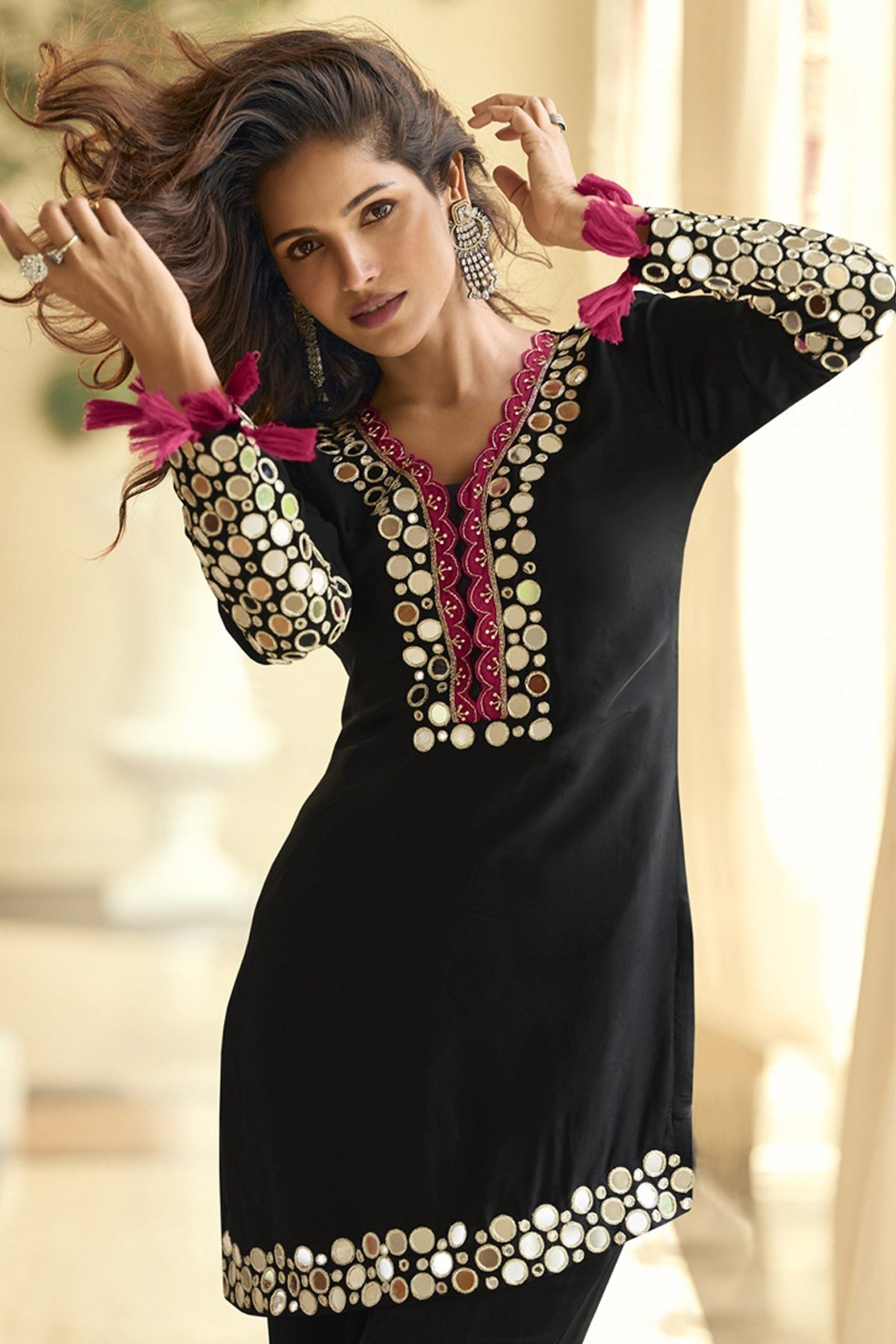Black Vichitra Silk Kurta Set
