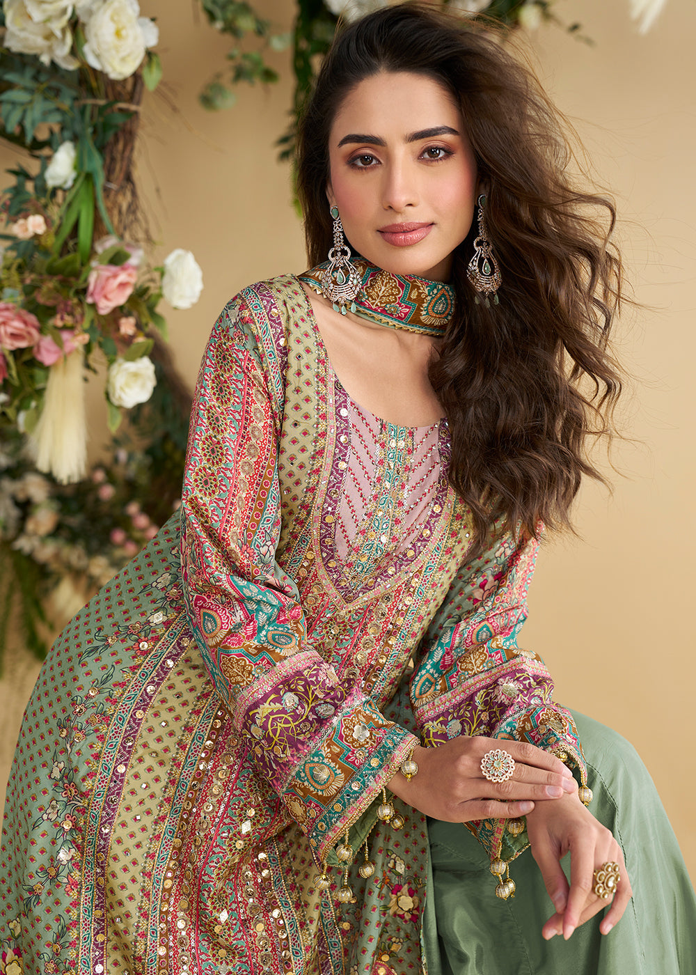 Multi Green Trendy Crepe Printed Palazzo Style Suit