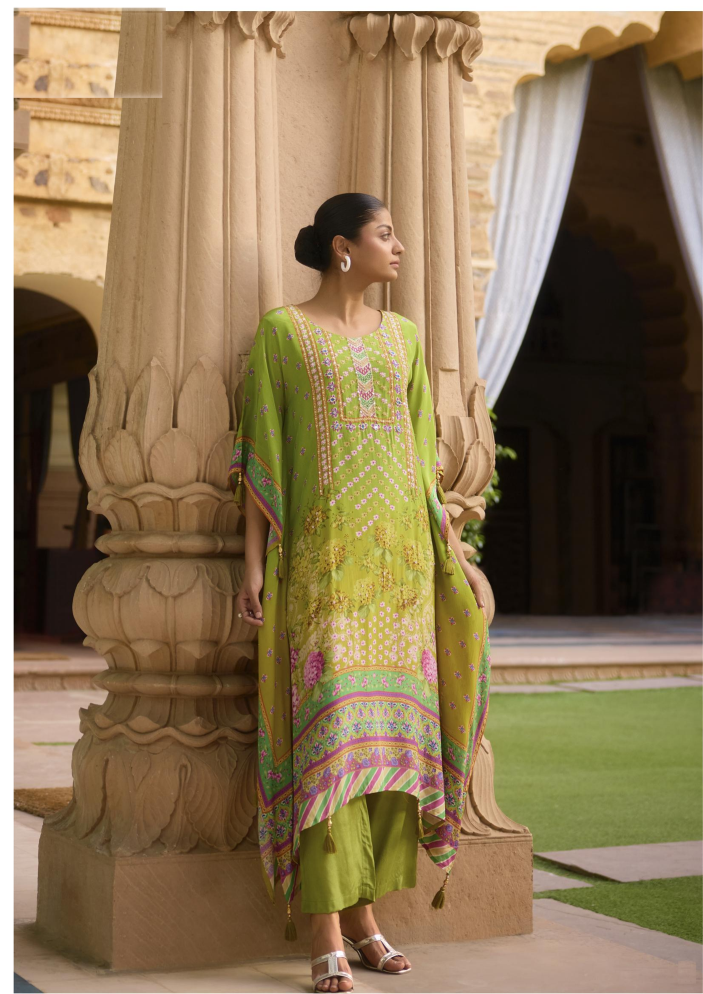 Green Aster Floral Relaxed Fit Kaftan Pant Set