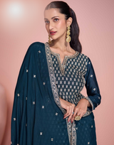 Teal Elegance Embroidered Chinon Silk Top with Front & Back Sharara and Dupatta