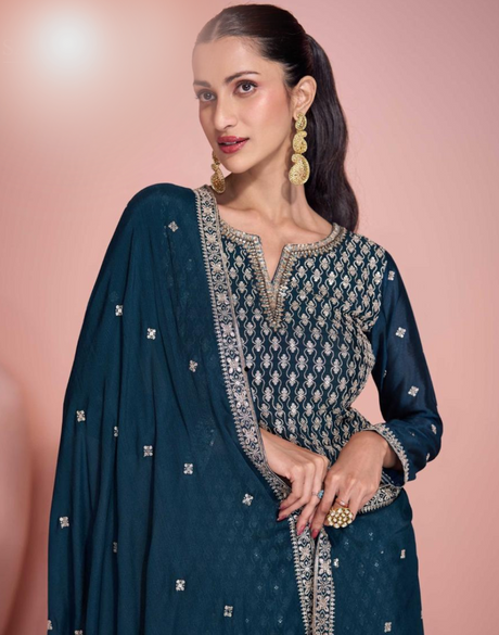 Teal Elegance Embroidered Chinon Silk Top with Front & Back Sharara and Dupatta