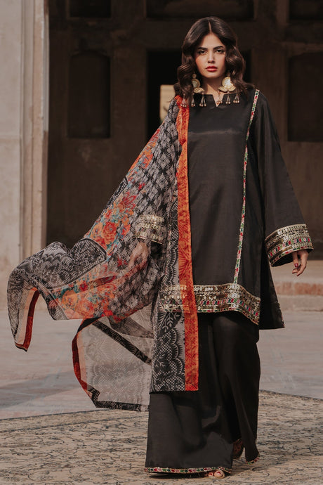 3-PC Embroidered Raw-Silk Suit By Charizma