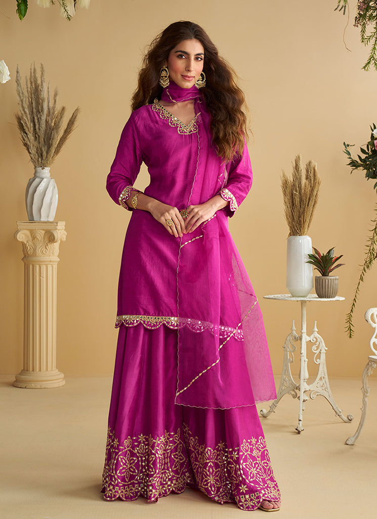 Bright Pink Mirror Work Embroidery Sharara Style Suit