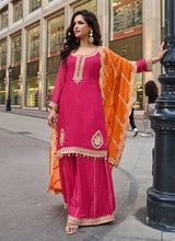 Pink Embroidery Party Wear Gharara Suit With Orange Dupatta