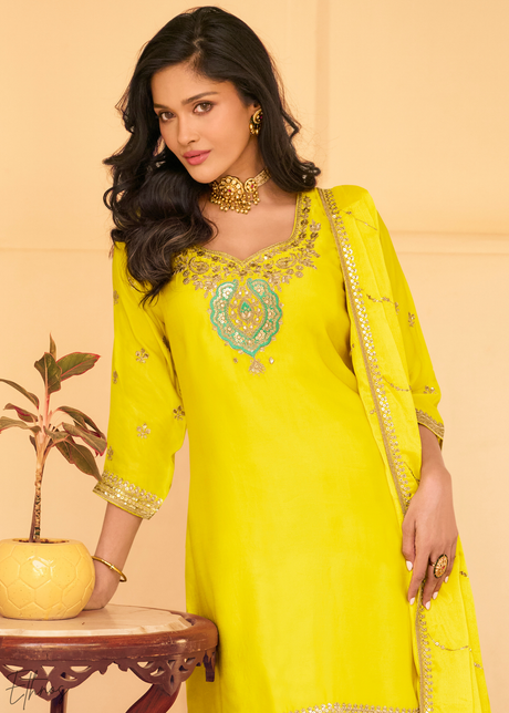 Sunshine Yellow Chinon Silk Sharara Suit
