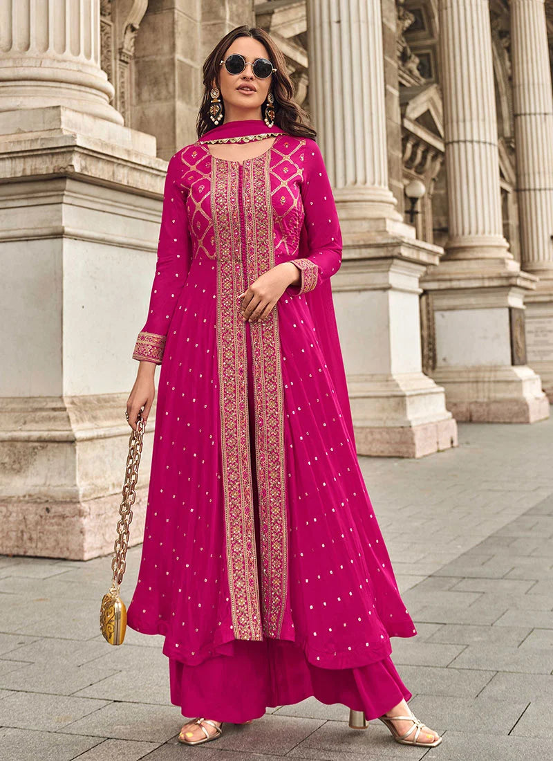 Pink Jacquard Silk Embroidered High Slit Palazzo Suit Wedding Wear