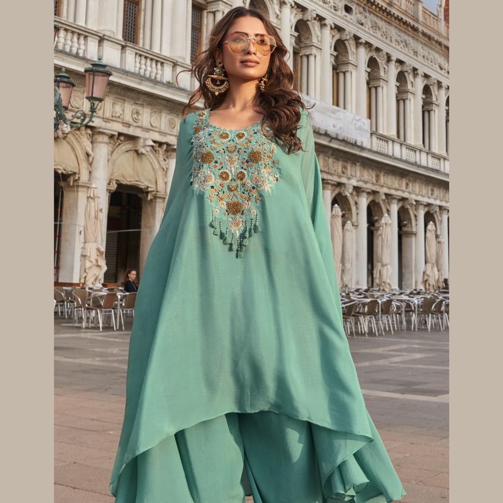 Mint Green Crepe Silk Zari Beads Sequins Zardosi