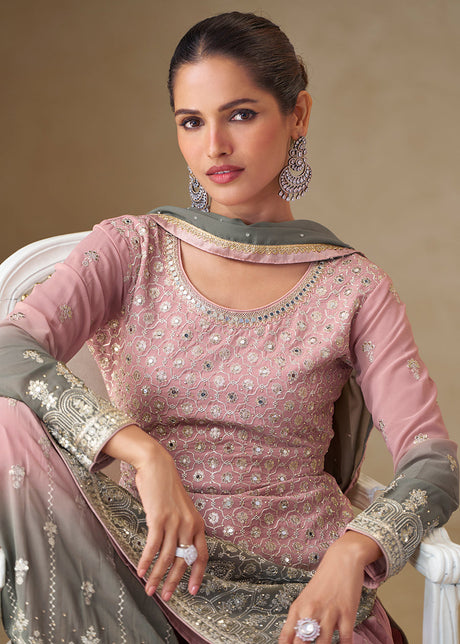 Pink & Grey Mirror Handwork Georgette Palazzo Suit