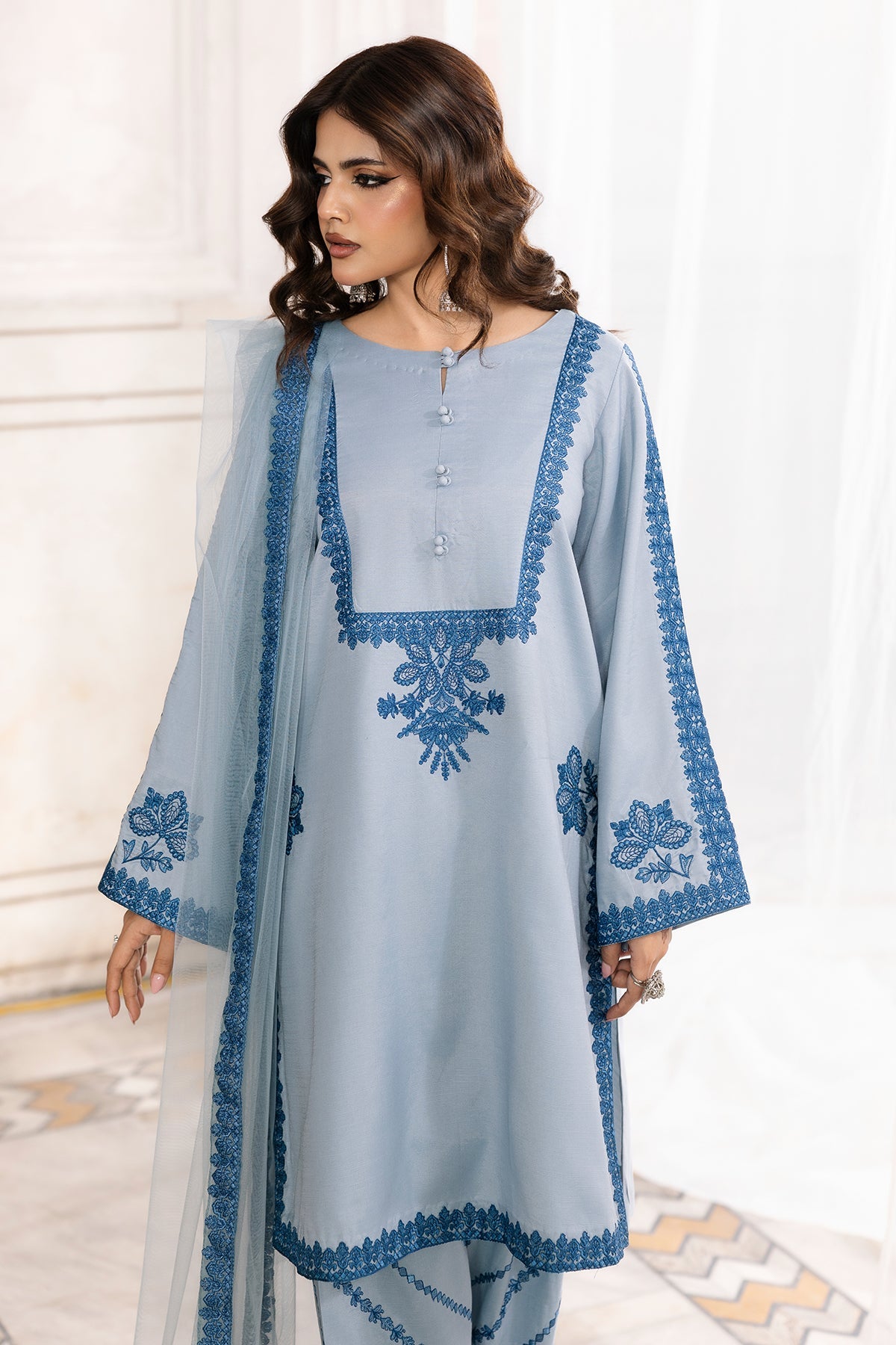 3-PC Embroidered Raw-Silk Suit By Charizma