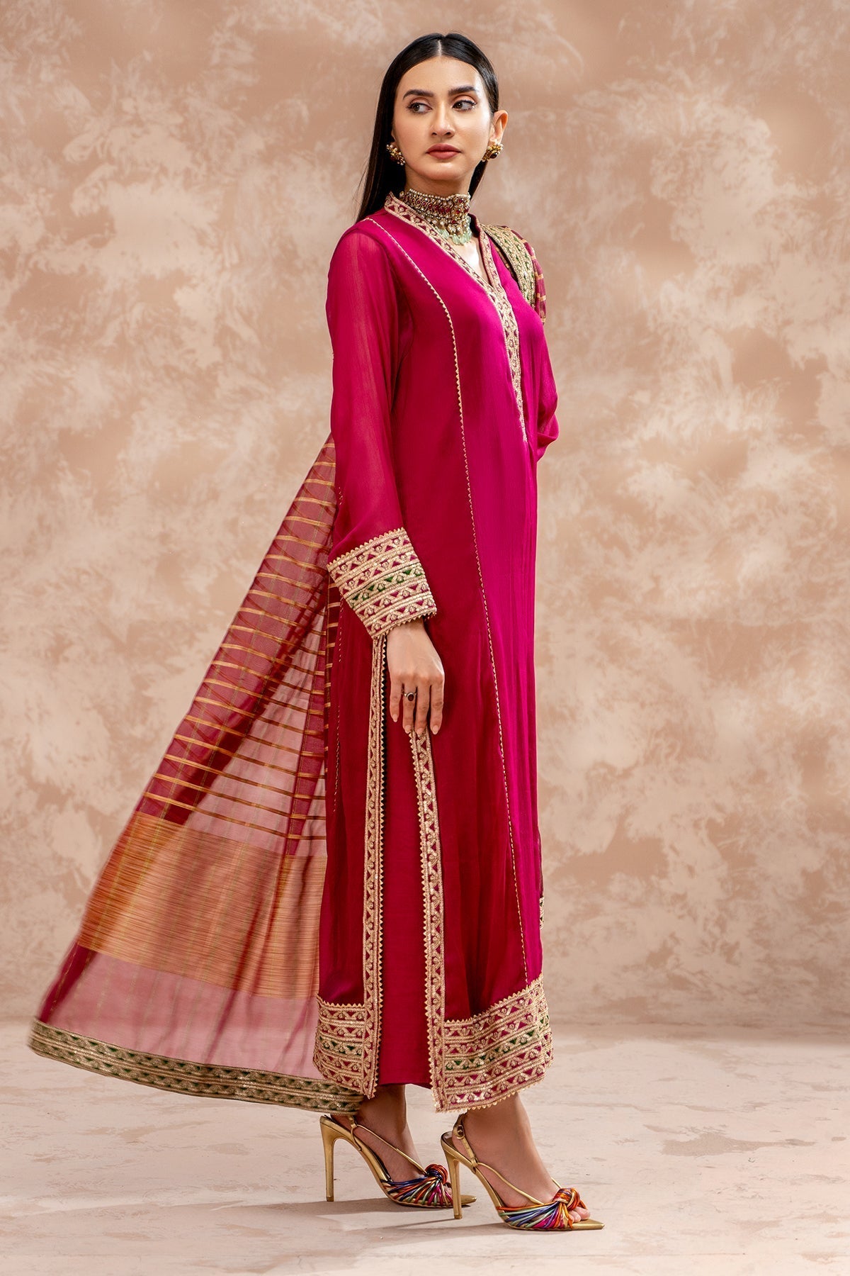 3-PC Embroidered Raw-Silk Suit by Charizma