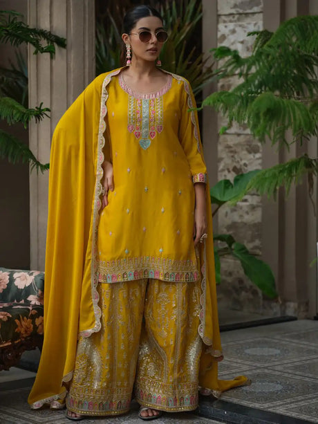 Motifs Embroidered Straight Kurta & Sharara With Dupatta