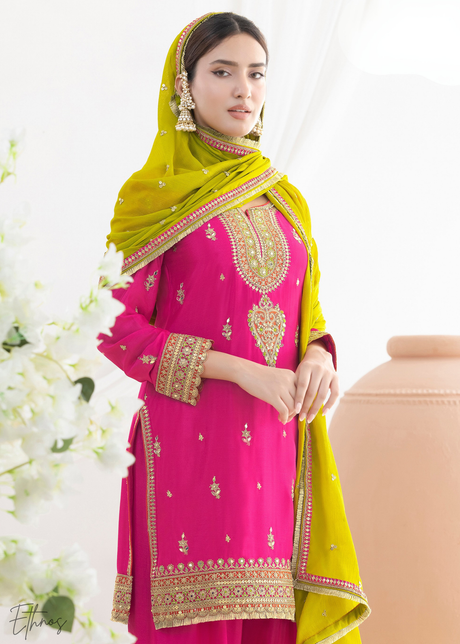 Bright Pink Chinon Silk Salwar Suit