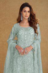 Blue Grey Embroidered Net Suit