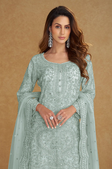 Blue Grey Embroidered Net Suit