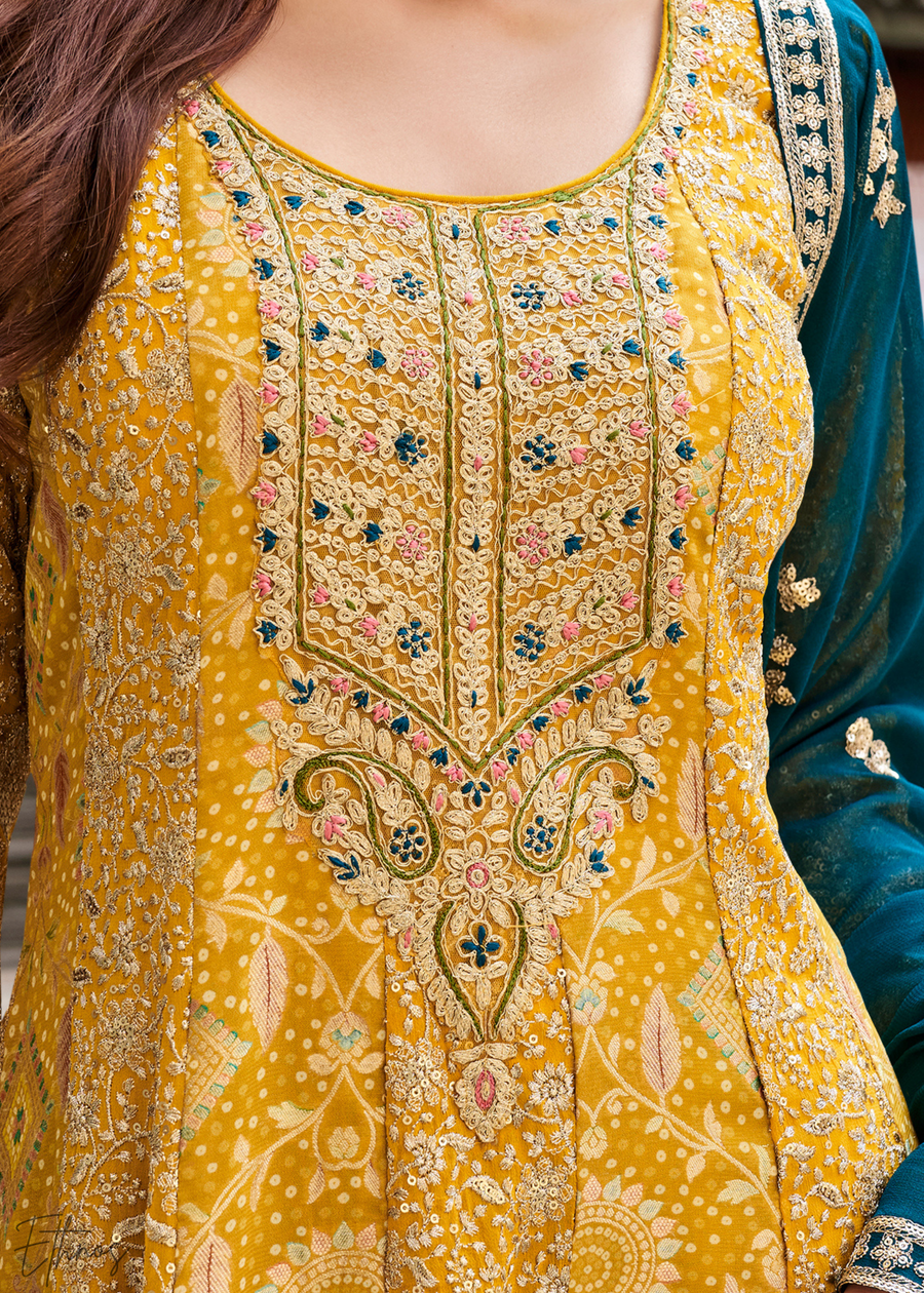 Blue & Mustard Jacquard Silk Palazzo Suit