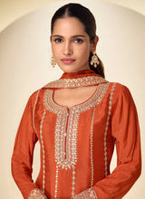 Orange Chinon Embroidered Sequins Palazzo Suit Festive Wear