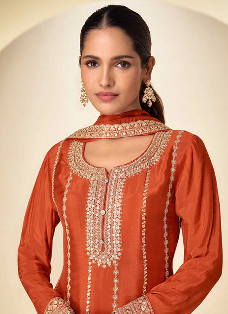 Orange Chinon Embroidered Sequins Palazzo Suit Festive Wear