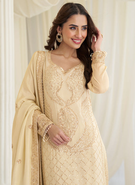Cream Embroidered Silk Farshi Salwar Suit
